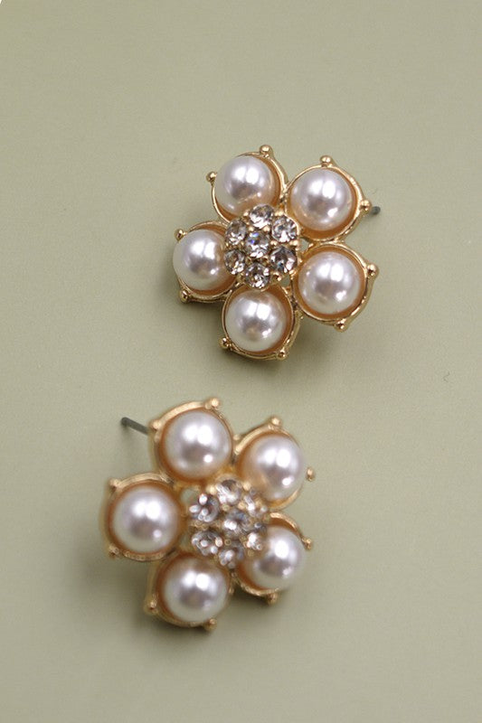 PEARL RHINESTONE FLOWER STUD EARRINGS