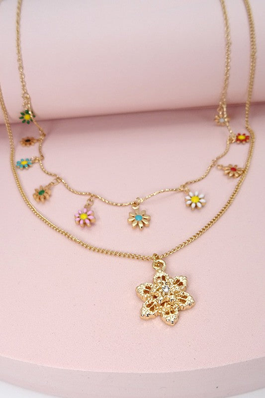 EPOXY FLOWER WITH GOLD FLOWER PENDANT LAYER NECKLACE